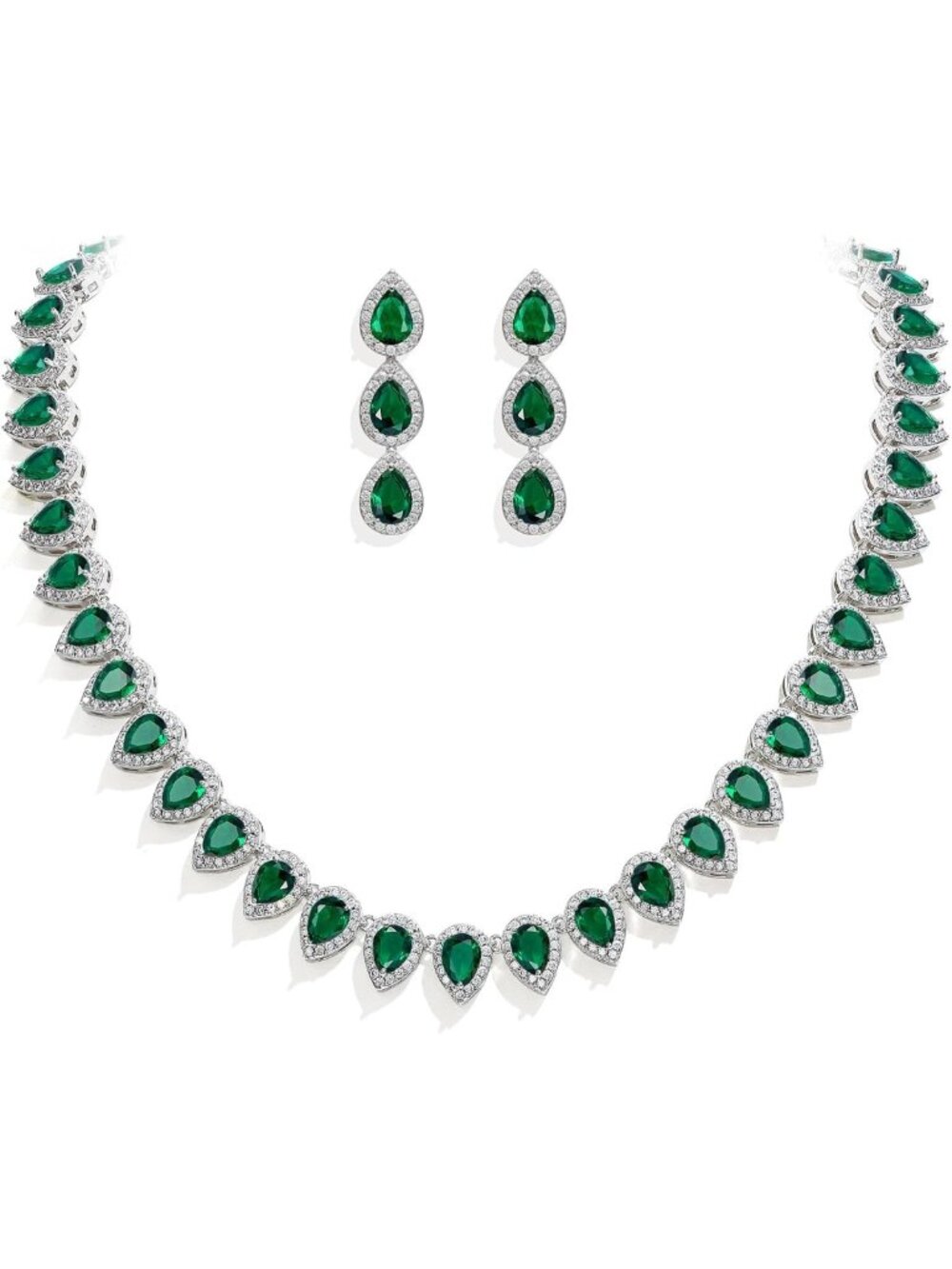 Elegant Teardrop Bridal Necklace & Earrings Set with Full Prong Cubic Zirconia